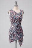 Floral Black Ruched Short Tight Homecoming Dress with Rhinestone