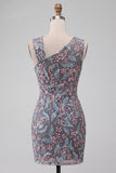 Floral Black Ruched Short Tight Homecoming Dress with Rhinestone