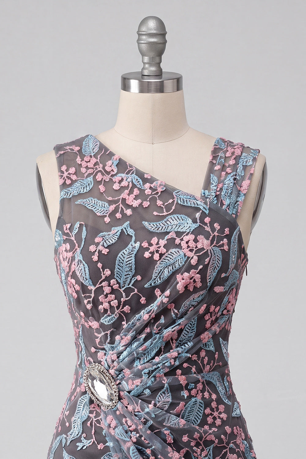 Floral Black Ruched Short Tight Homecoming Dress with Rhinestone