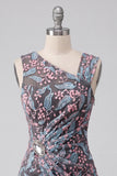 Floral Black Ruched Short Tight Homecoming Dress with Rhinestone