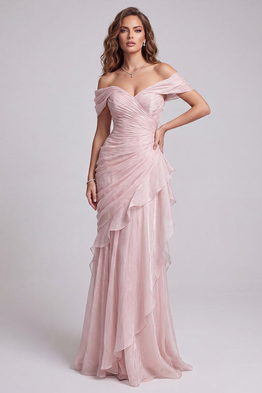 Pink Off the Shoulder Mermaid Long Ruffled Formal Dress