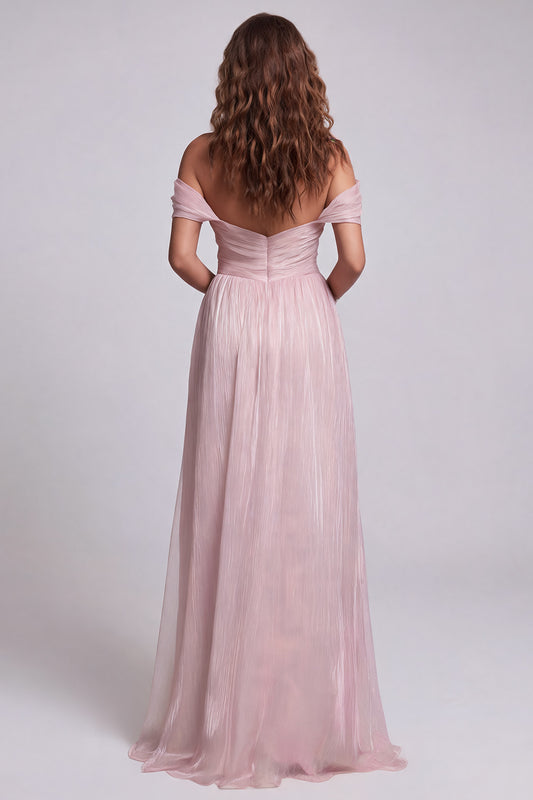 Pink Off the Shoulder Mermaid Long Ruffled Formal Dress