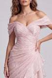 Pink Off the Shoulder Mermaid Long Ruffled Formal Dress