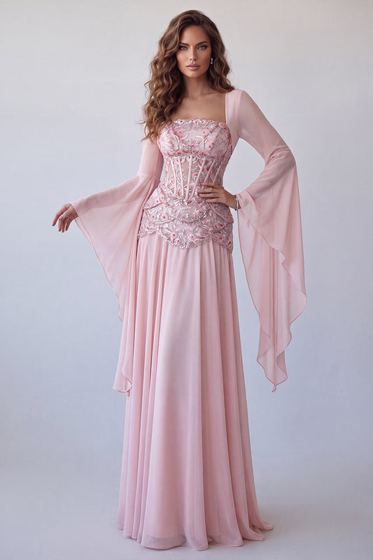 Floral Pink A Line Corset Sequin Long Formal Dress with Sleeves
