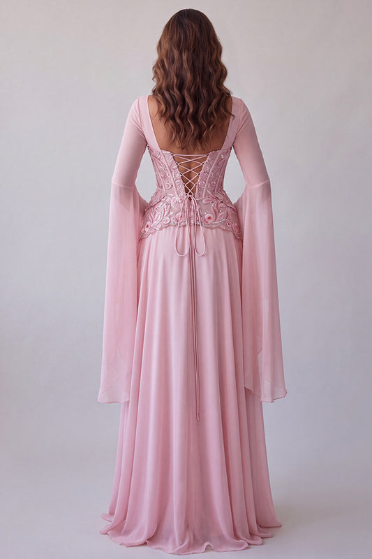 Floral Pink A Line Corset Sequin Long Formal Dress with Sleeves