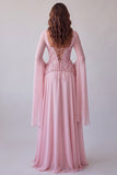 Floral Pink A Line Corset Sequin Long Formal Dress with Sleeves