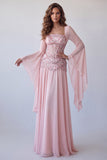 Floral Pink A Line Corset Sequin Long Formal Dress with Sleeves
