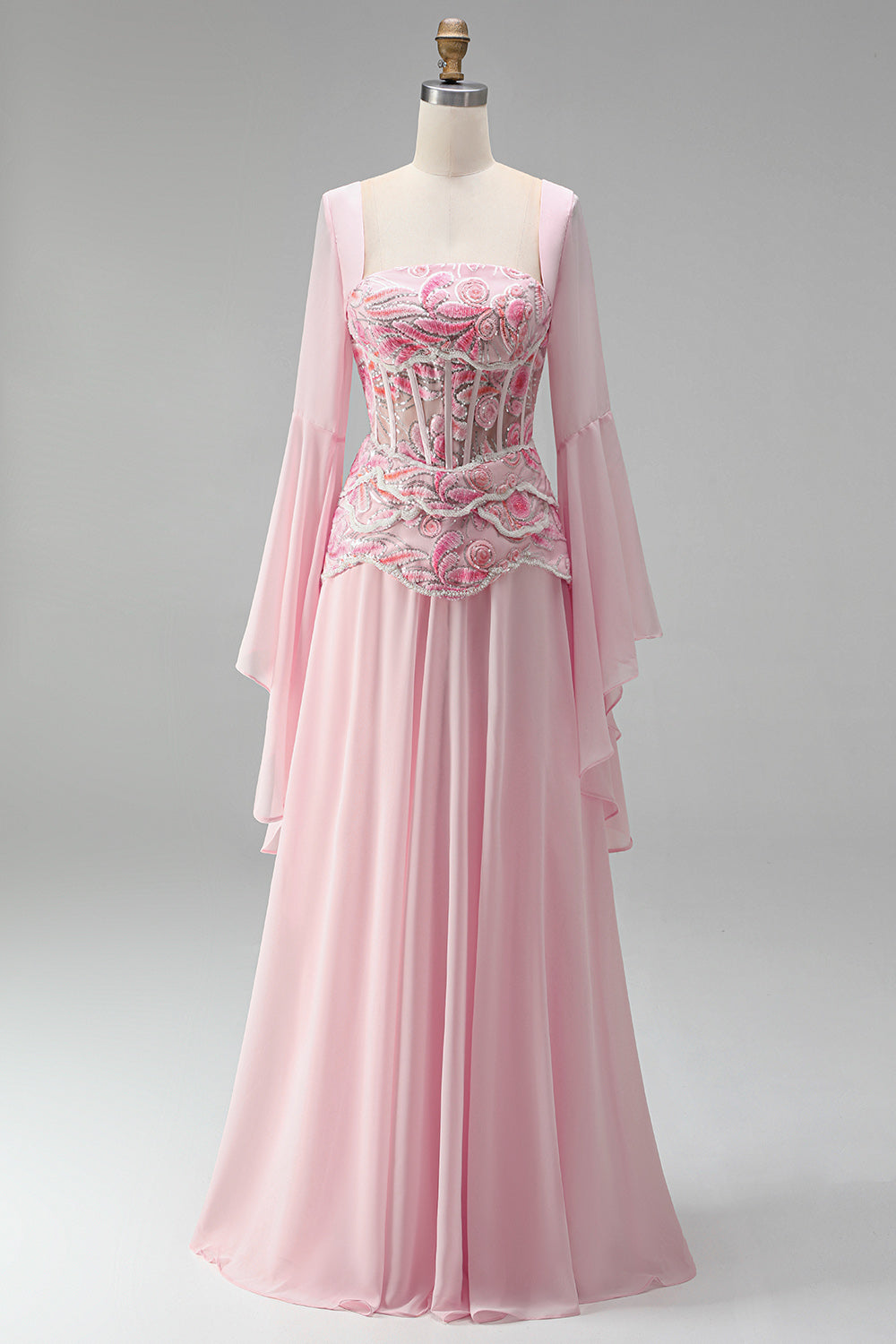 Floral Pink A Line Corset Sequin Long Formal Dress with Sleeves