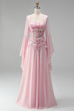 Floral Pink A Line Corset Sequin Long Formal Dress with Sleeves