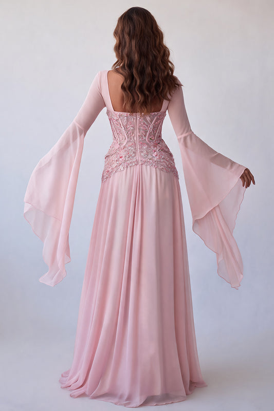 Floral Pink A Line Corset Sequin Long Formal Dress with Sleeves