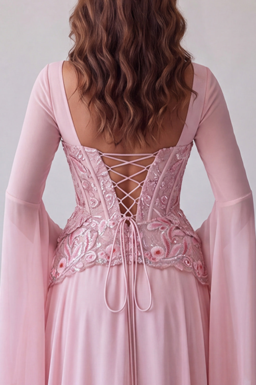 Floral Pink A Line Corset Sequin Long Formal Dress with Sleeves
