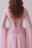Floral Pink A Line Corset Sequin Long Formal Dress with Sleeves