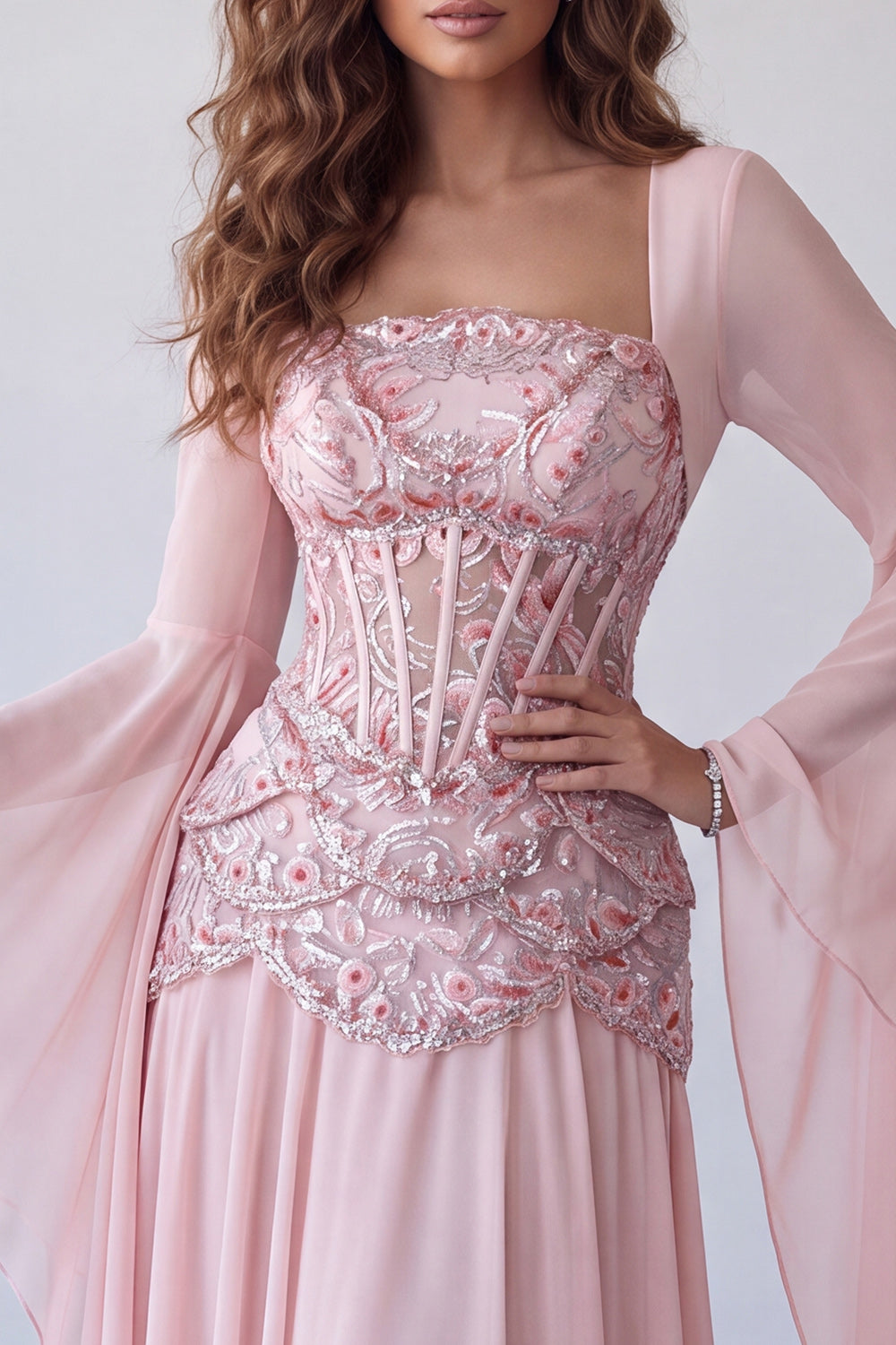Floral Pink A Line Corset Sequin Long Formal Dress with Sleeves