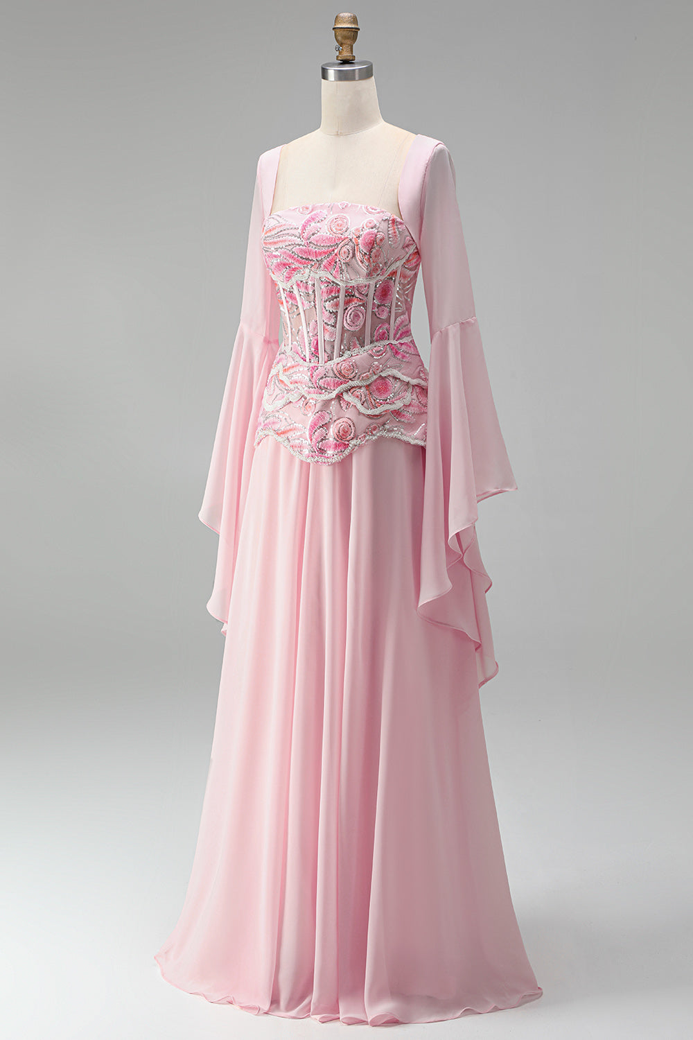 Floral Pink A Line Corset Sequin Long Formal Dress with Sleeves