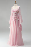 Floral Pink A Line Corset Sequin Long Formal Dress with Sleeves