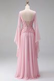 Floral Pink A Line Corset Sequin Long Formal Dress with Sleeves