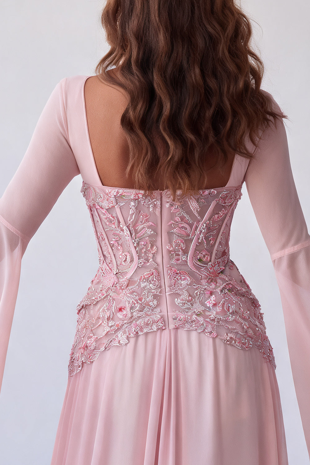 Floral Pink A Line Corset Sequin Long Formal Dress with Sleeves