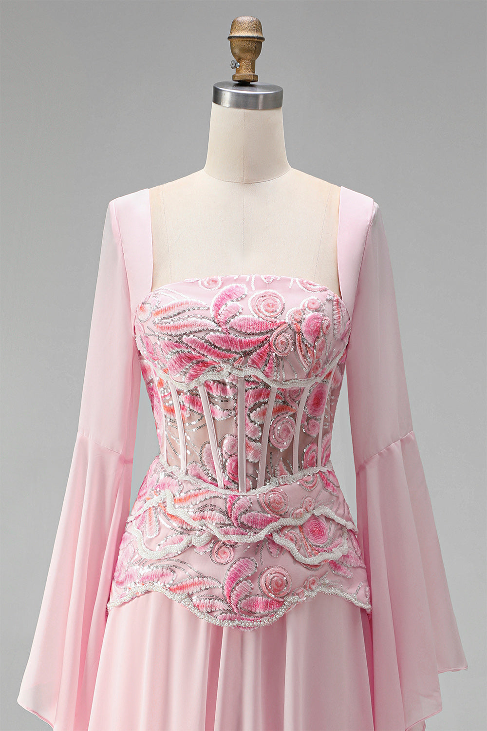 Floral Pink A Line Corset Sequin Long Formal Dress with Sleeves