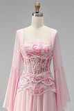 Floral Pink A Line Corset Sequin Long Formal Dress with Sleeves