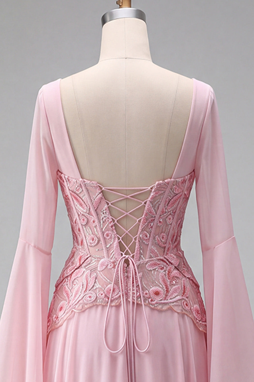 Floral Pink A Line Corset Sequin Long Formal Dress with Sleeves