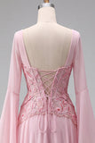 Floral Pink A Line Corset Sequin Long Formal Dress with Sleeves