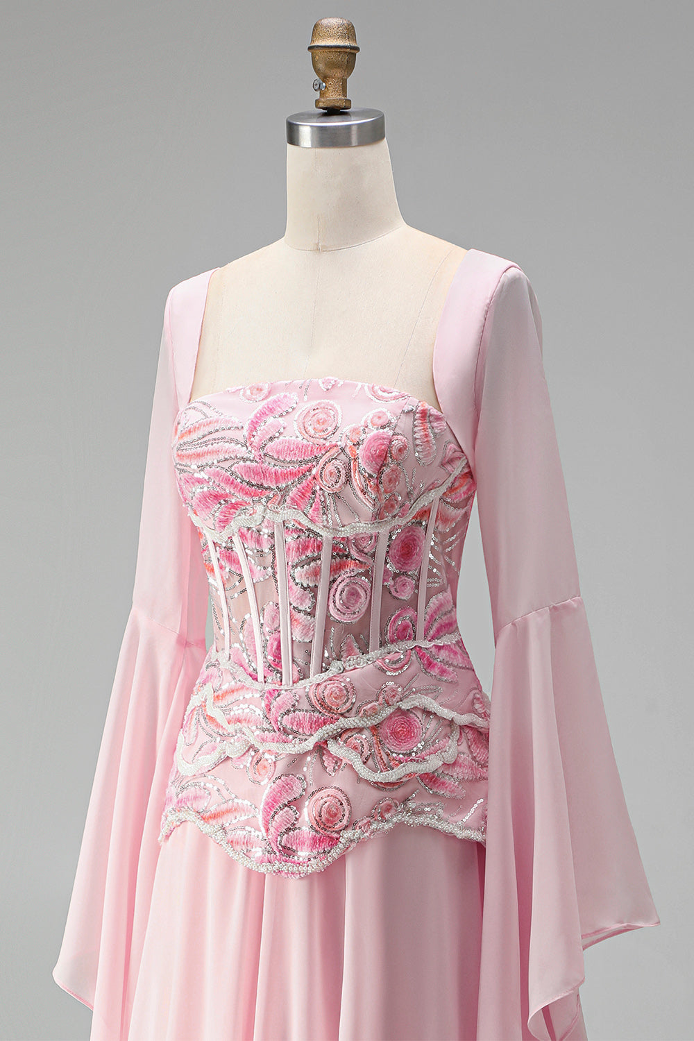 Floral Pink A Line Corset Sequin Long Formal Dress with Sleeves