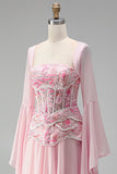 Floral Pink A Line Corset Sequin Long Formal Dress with Sleeves