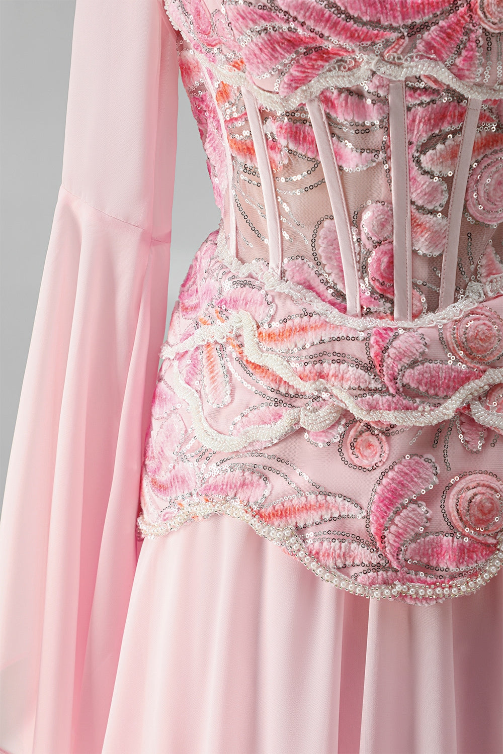 Floral Pink A Line Corset Sequin Long Formal Dress with Sleeves