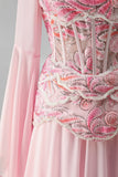 Floral Pink A Line Corset Sequin Long Formal Dress with Sleeves