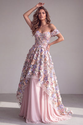 A Line Pink Floral Corset Off the Shoulder Long Formal Dress
