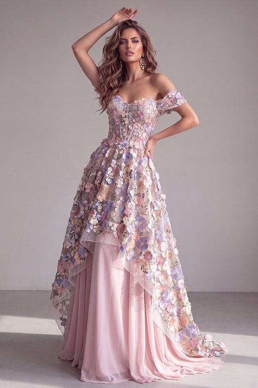 A Line Pink Floral Corset Off the Shoulder Long Formal Dress