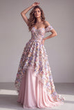 A Line Pink Floral Corset Off the Shoulder Long Formal Dress