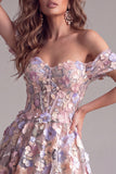 A Line Pink Floral Corset Off the Shoulder Long Formal Dress