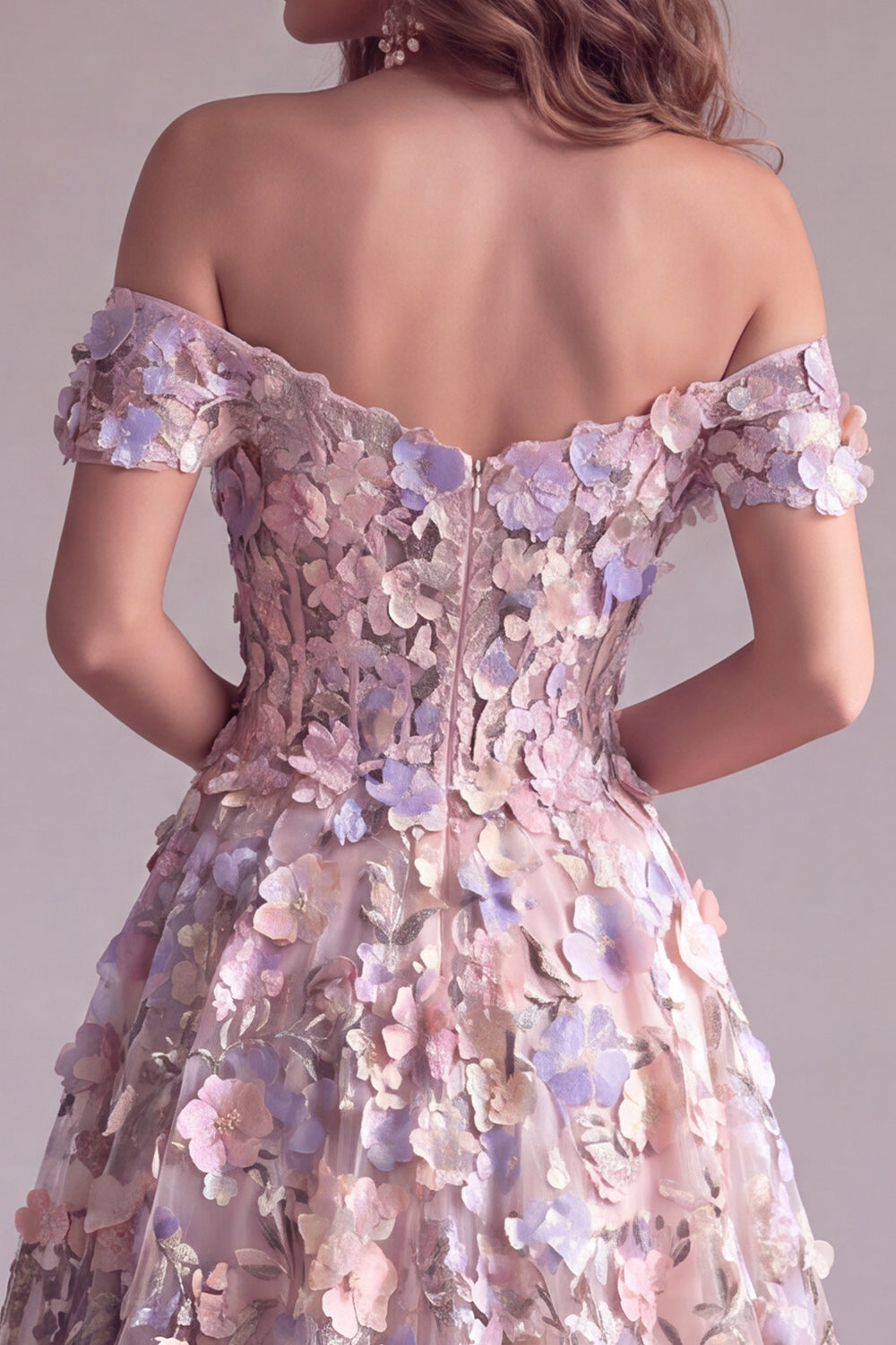 A Line Pink Floral Corset Off the Shoulder Long Formal Dress