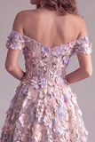 A Line Pink Floral Corset Off the Shoulder Long Formal Dress