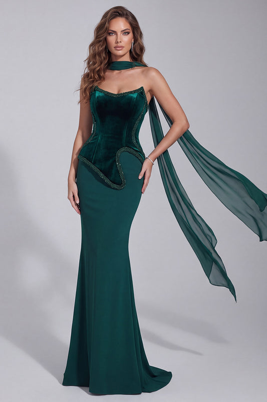 Dark Green Corset Velvet Strapless Mermaid Long Formal Dress