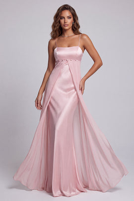Light Pink Satin Mermaid Long Formal Dress with Cape