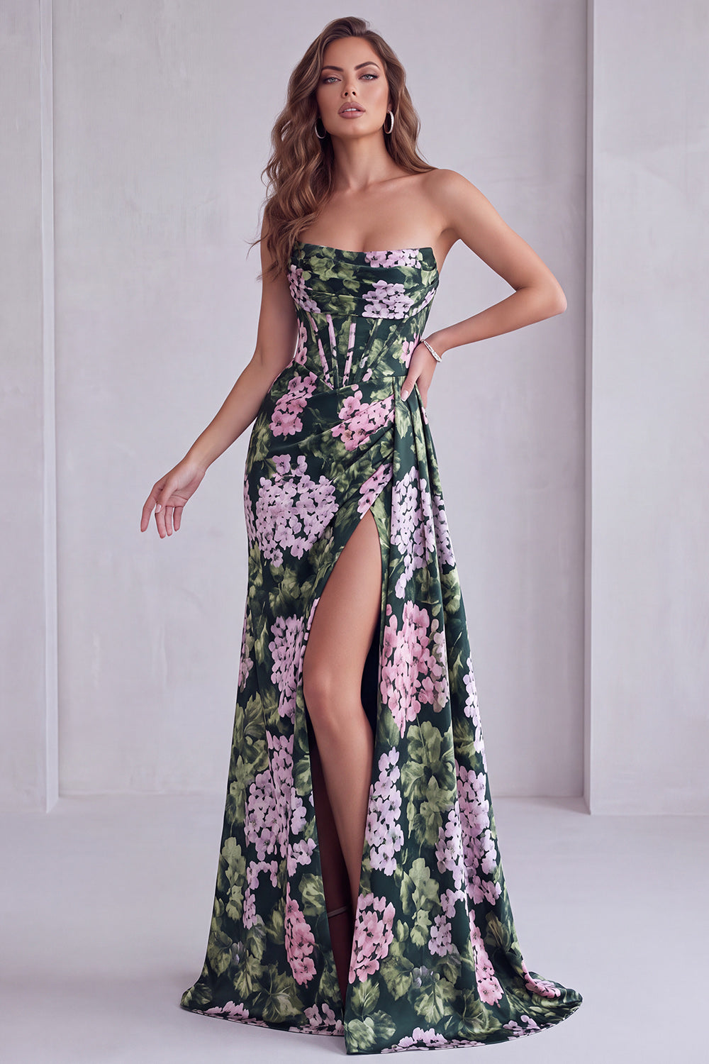Dark Green Floral Corset Strapless Long Formal Dress with Slit