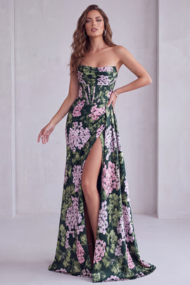 Dark Green Floral Corset Strapless Long Formal Dress with Slit