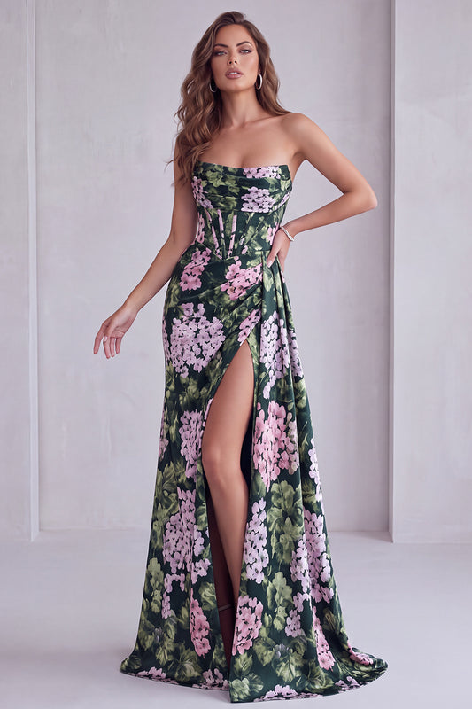 Dark Green Floral Corset Strapless Long Formal Dress with Slit