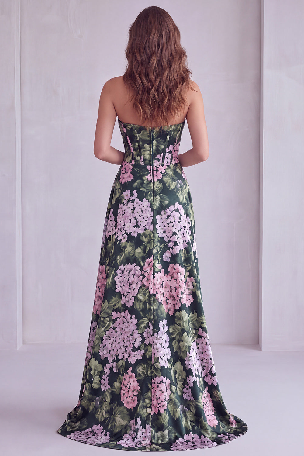Dark Green Floral Corset Strapless Long Formal Dress with Slit