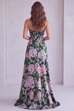 Dark Green Floral Corset Strapless Long Formal Dress with Slit