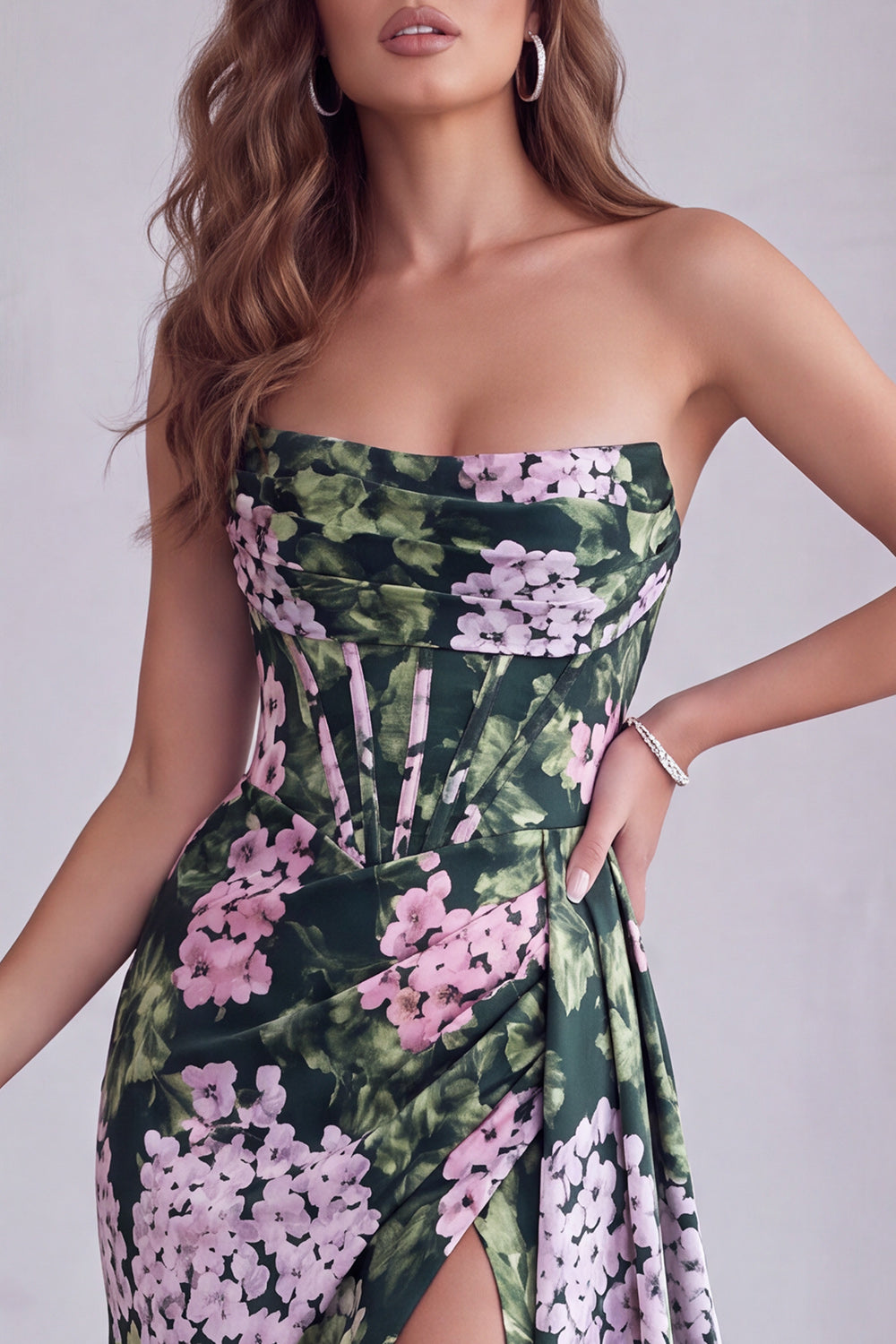 Dark Green Floral Corset Strapless Long Formal Dress with Slit