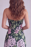 Dark Green Floral Corset Strapless Long Formal Dress with Slit