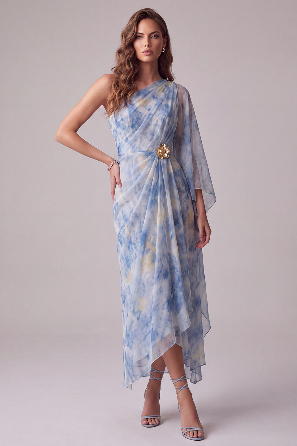 Sheath Dusty Blue Floral One Shoulder Maxi Formal Dress with Sleeve