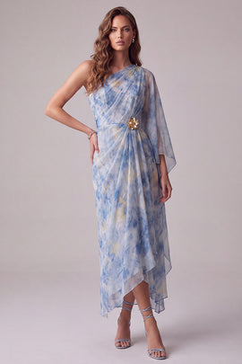 Sheath Dusty Blue Floral One Shoulder Maxi Formal Dress with Sleeve