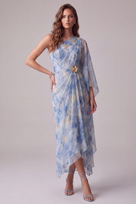 Sheath Dusty Blue Floral One Shoulder Maxi Formal Dress with Sleeve