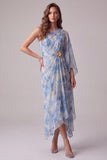 Sheath Dusty Blue Floral One Shoulder Maxi Formal Dress with Sleeve