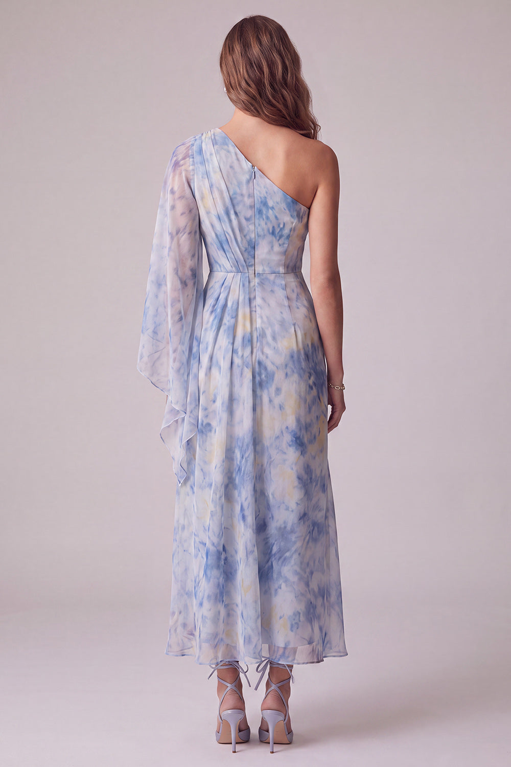 Sheath Dusty Blue Floral One Shoulder Maxi Formal Dress with Sleeve