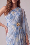 Sheath Dusty Blue Floral One Shoulder Maxi Formal Dress with Sleeve